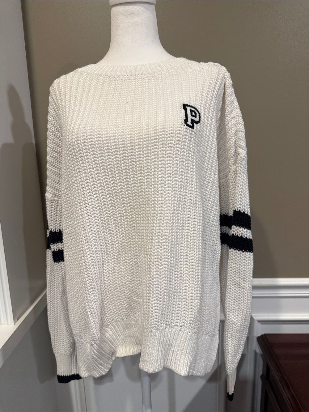 PINK Victoria's Secret White Knit Crew Sweater with Black Stripe Accents